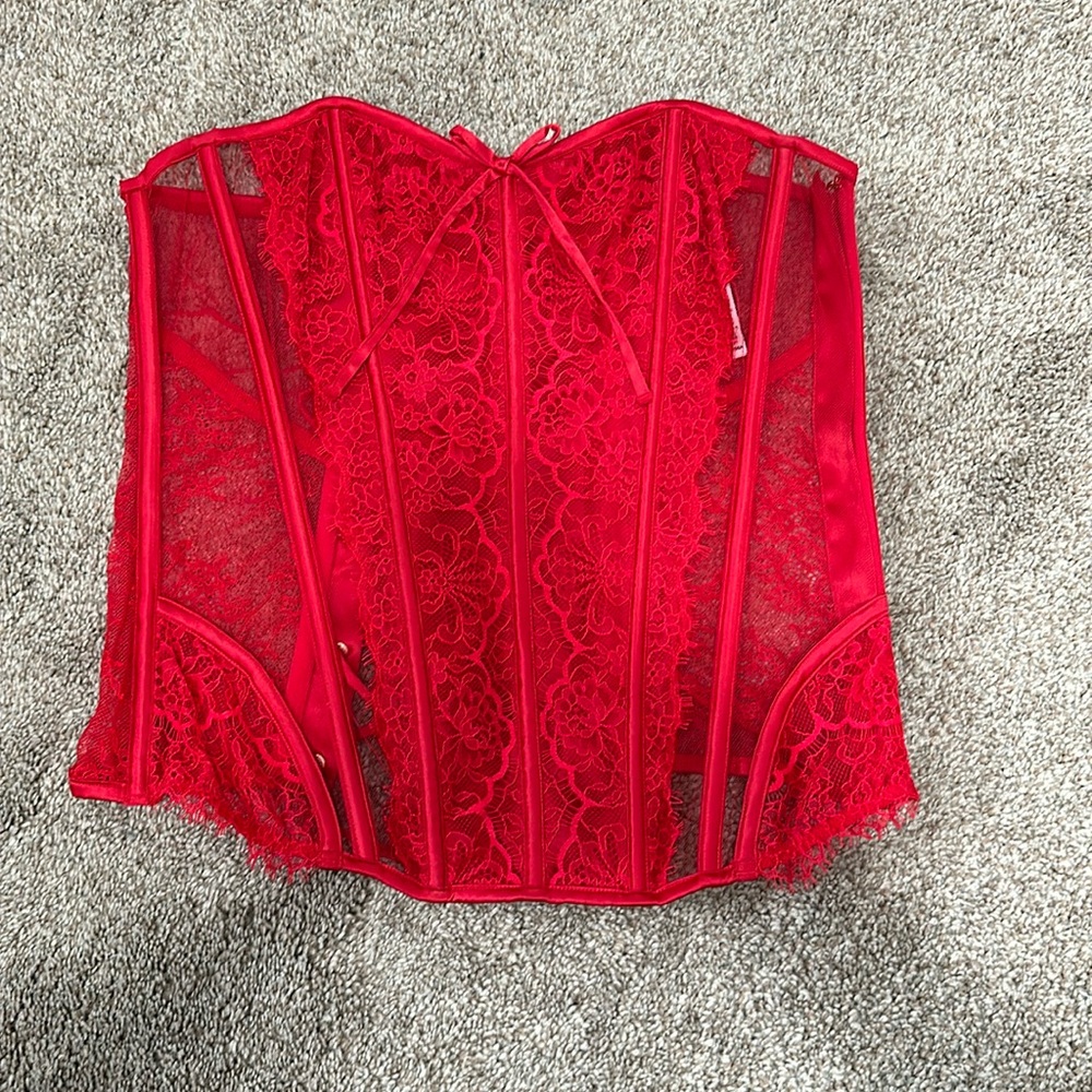 Red corset from Victoria’s Secret, lingerie.